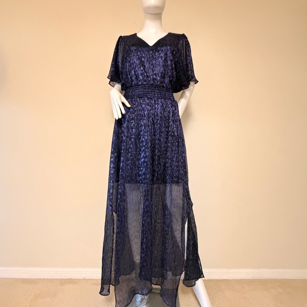 MSK Womens Navy Blue Metallic Pleated Maxi Dress V-Neck Smocked Waist Size L
